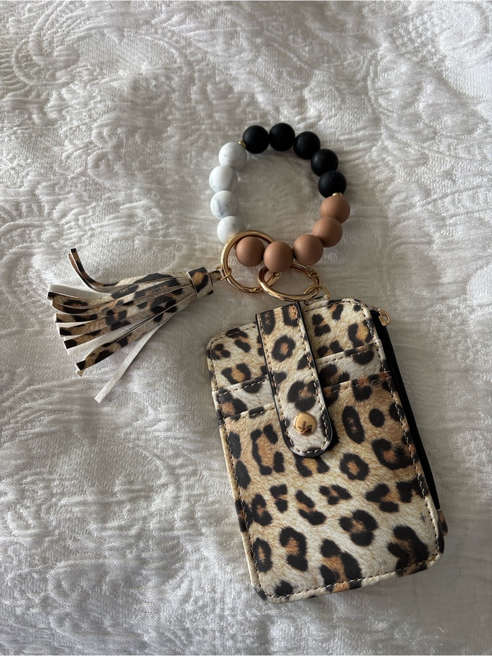 Leopard Print Card Holder Key Chain Wristlet with Tassel